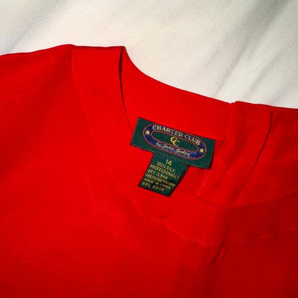 Vintage Charter Club 100% Silk Blouse Red Size 14 | Button-Back Classic Holiday - Picture 5 of 14